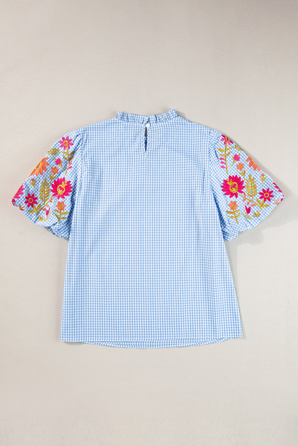 Innocence Delight Flower Embroidered Puff Sleeve Gingham Blouse