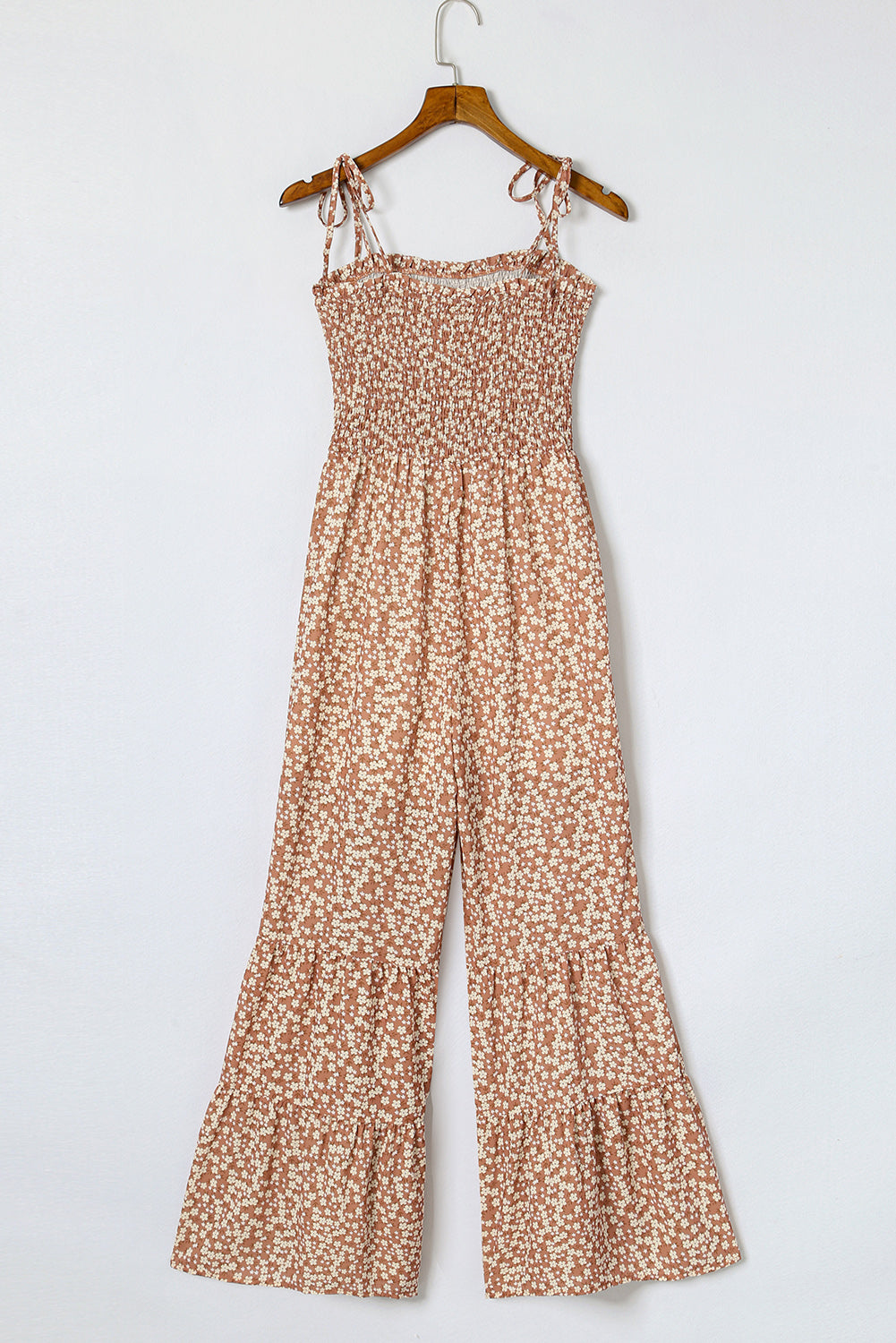 Floral Thin Straps Smocked Bodice Wide Leg Jumpsuit