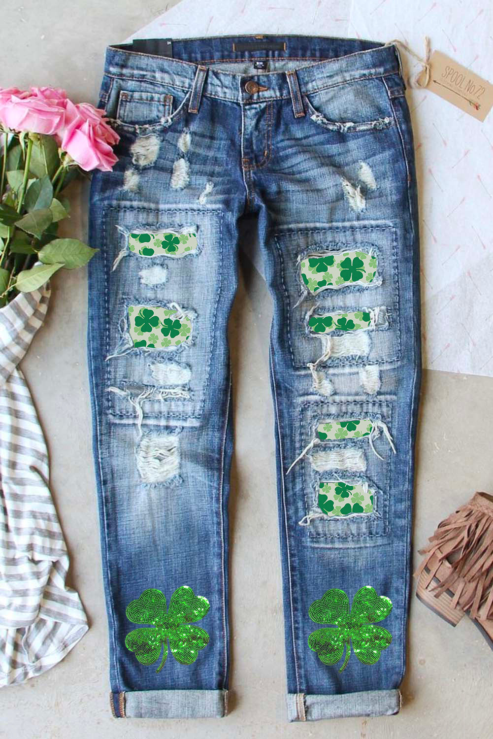 St Patricks Clover Graphic Patchwork Sequin Distressed Jeans