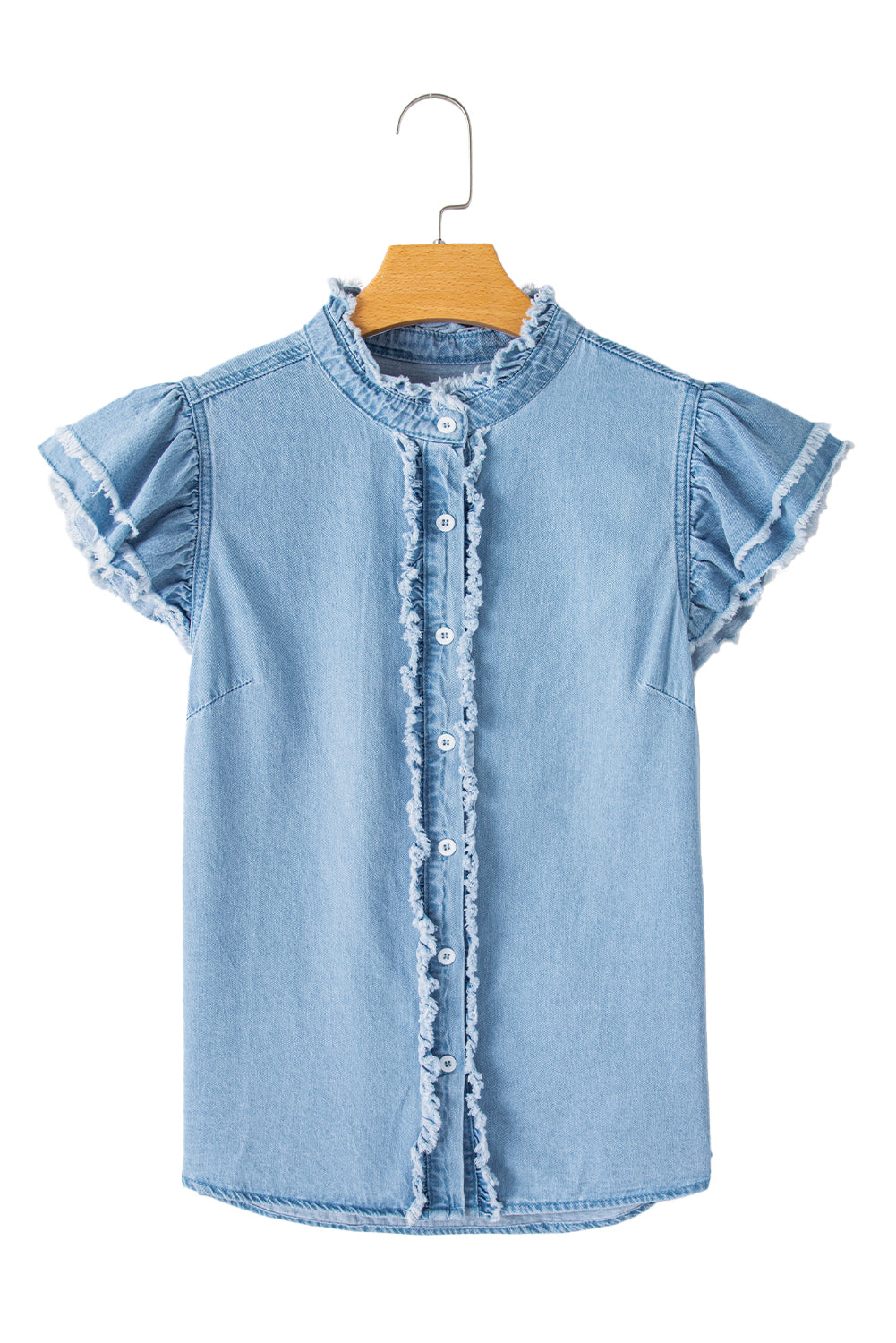 Totally Feeling Blue Ruffled Flutter Frayed Denim Top
