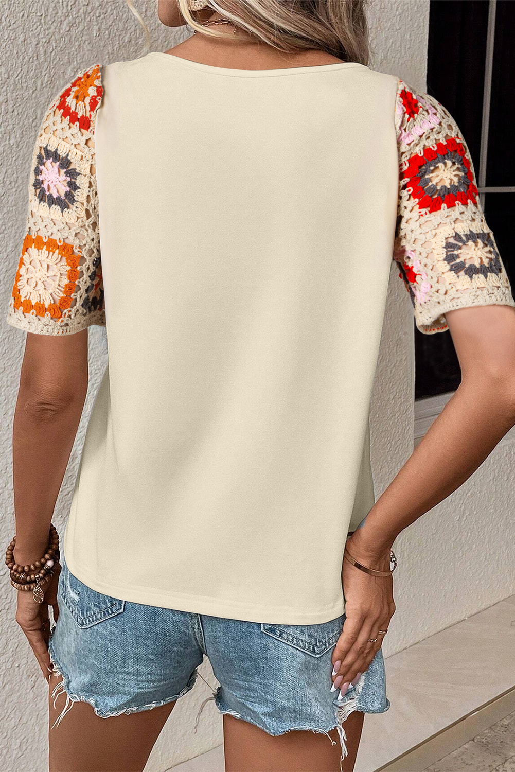 White Floral Hollowed Crochet Sleeve Boho T Shirt