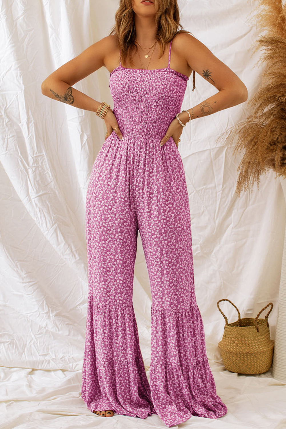 Floral Thin Straps Smocked Bodice Wide Leg Jumpsuit