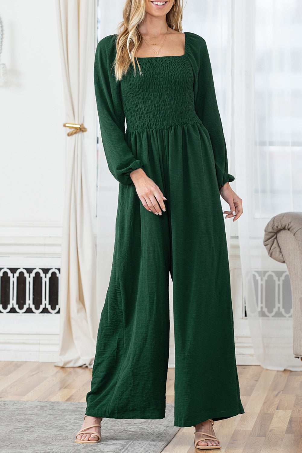 Smocked Square Neck Long Sleeve Wide Leg Jumpsuit
