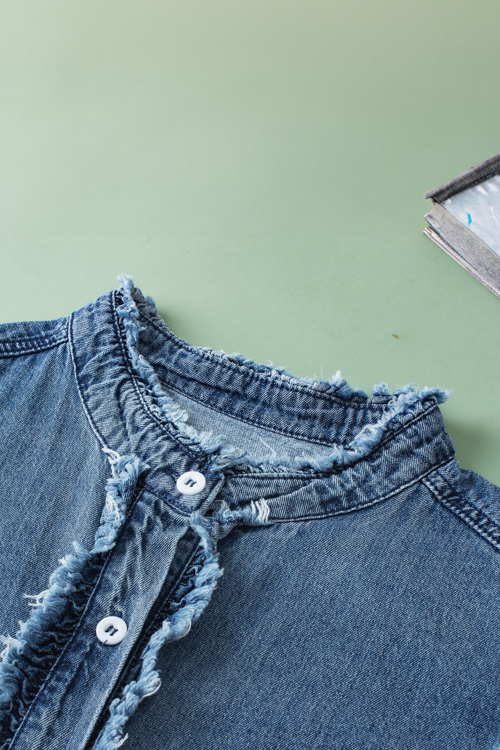 Totally Feeling Blue Ruffled Flutter Frayed Denim Top
