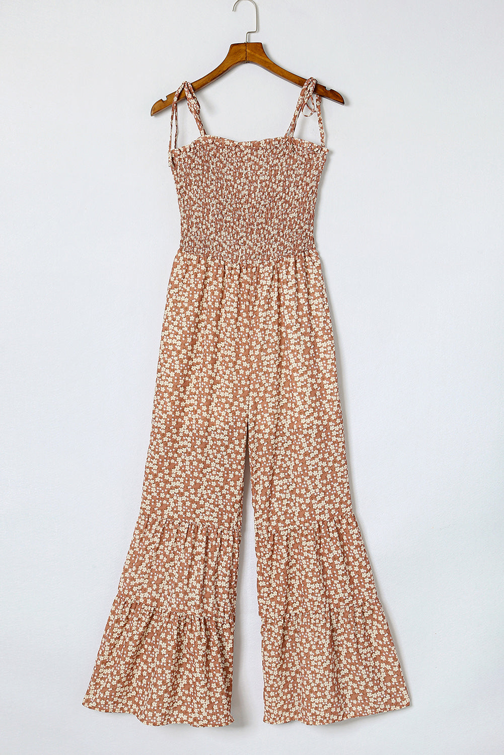 Floral Thin Straps Smocked Bodice Wide Leg Jumpsuit