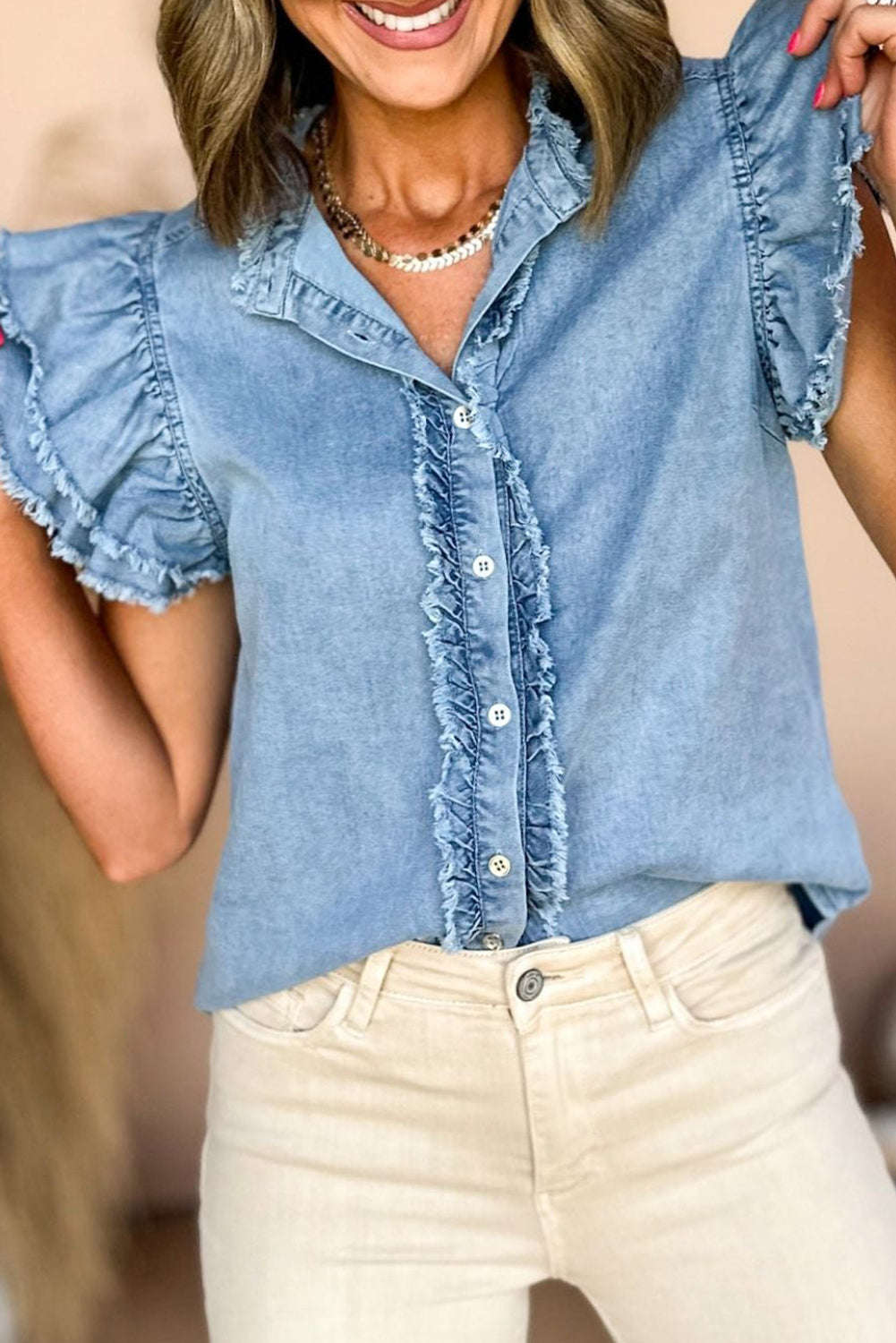 Totally Feeling Blue Ruffled Flutter Frayed Denim Top