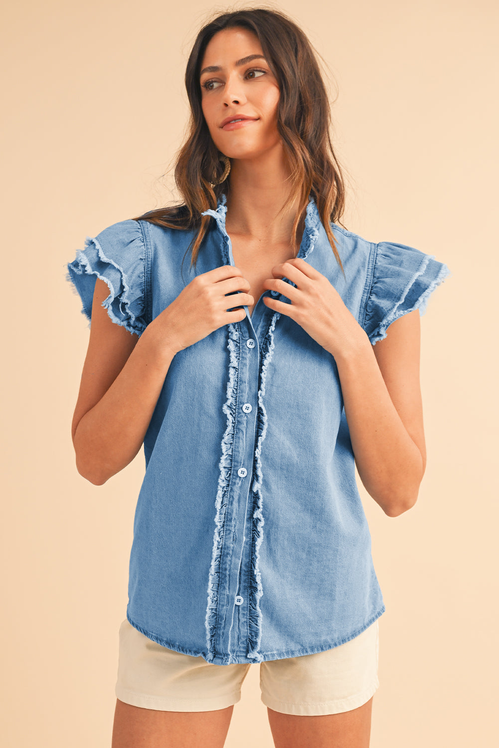 Totally Feeling Blue Ruffled Flutter Frayed Denim Top