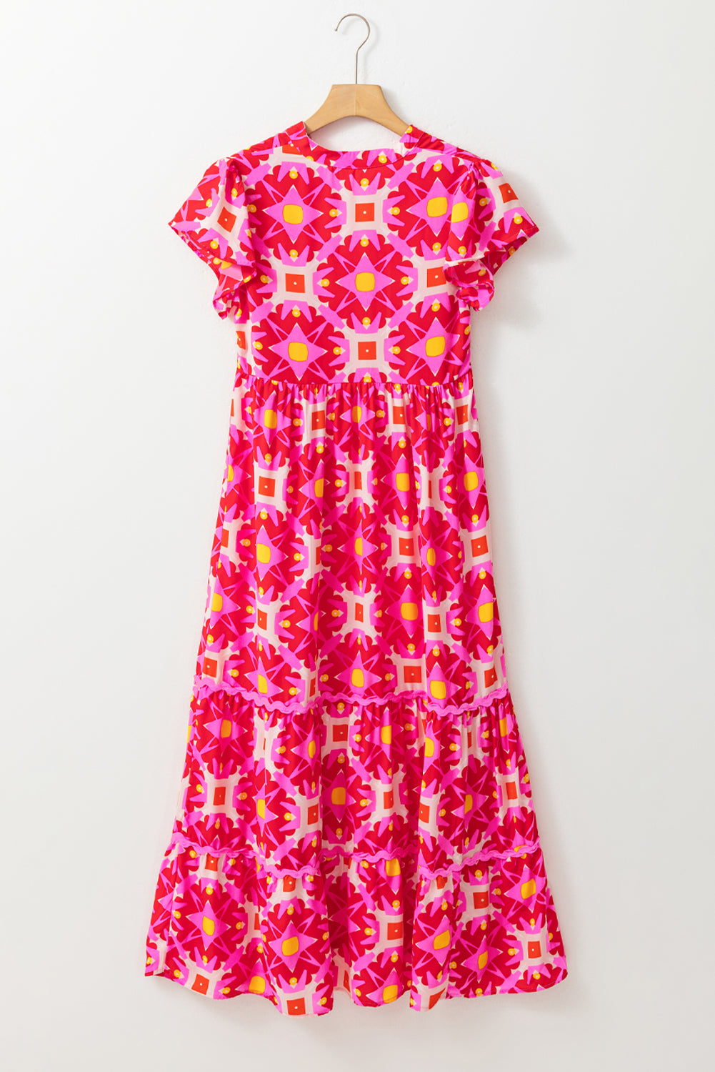 Sea Green Abstract Print Pleated Flounce Sleeve Maxi Dress