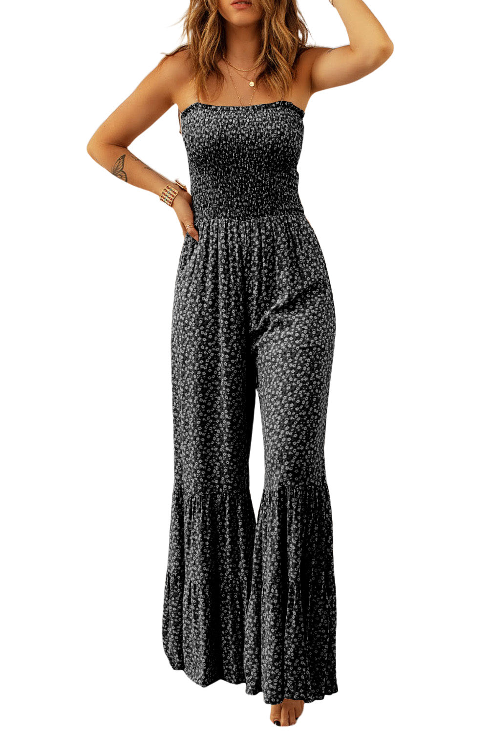 Floral Thin Straps Smocked Bodice Wide Leg Jumpsuit