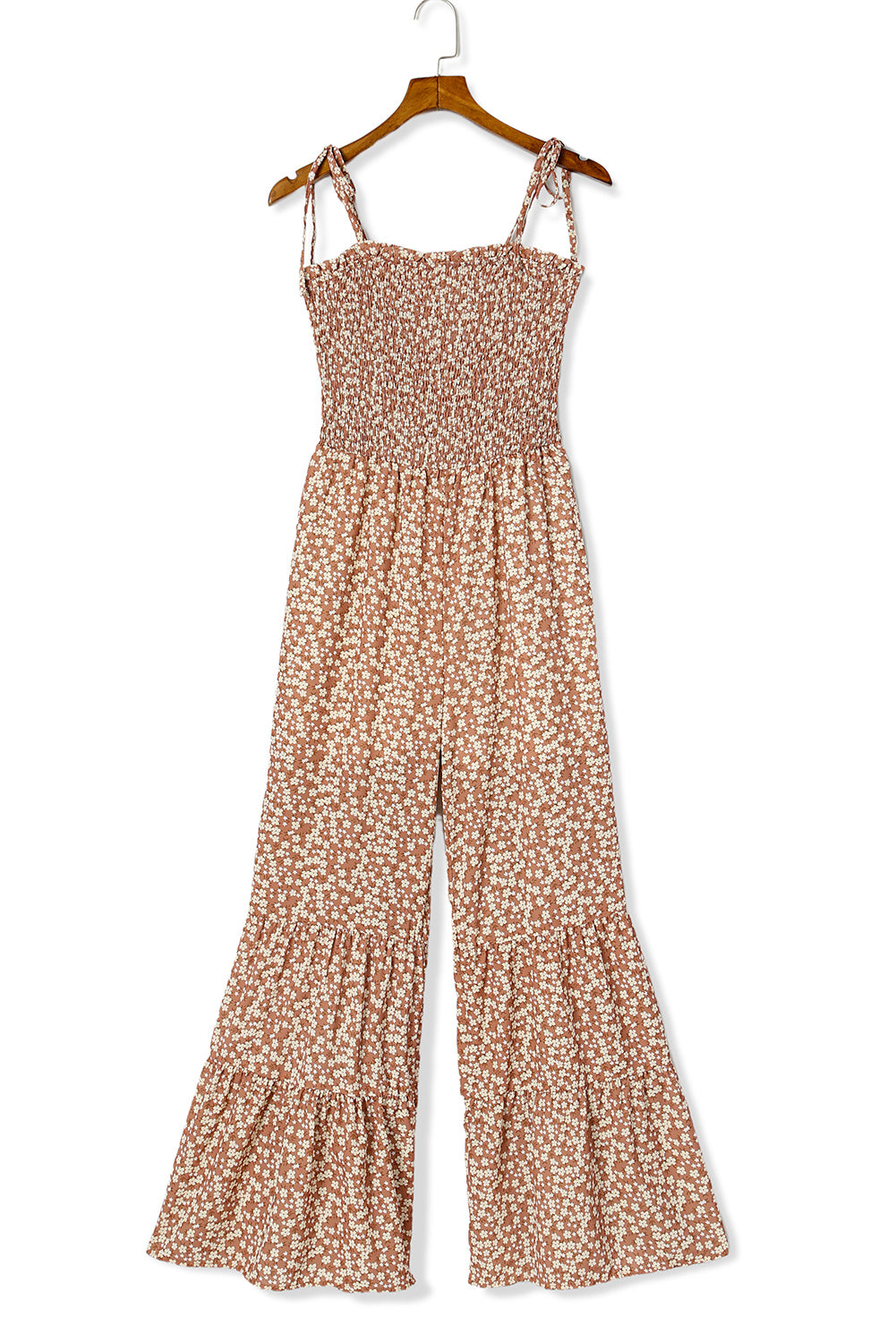 Floral Thin Straps Smocked Bodice Wide Leg Jumpsuit