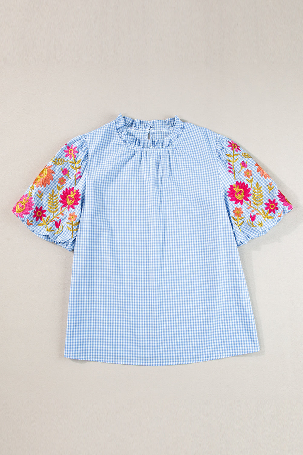 Innocence Delight Flower Embroidered Puff Sleeve Gingham Blouse