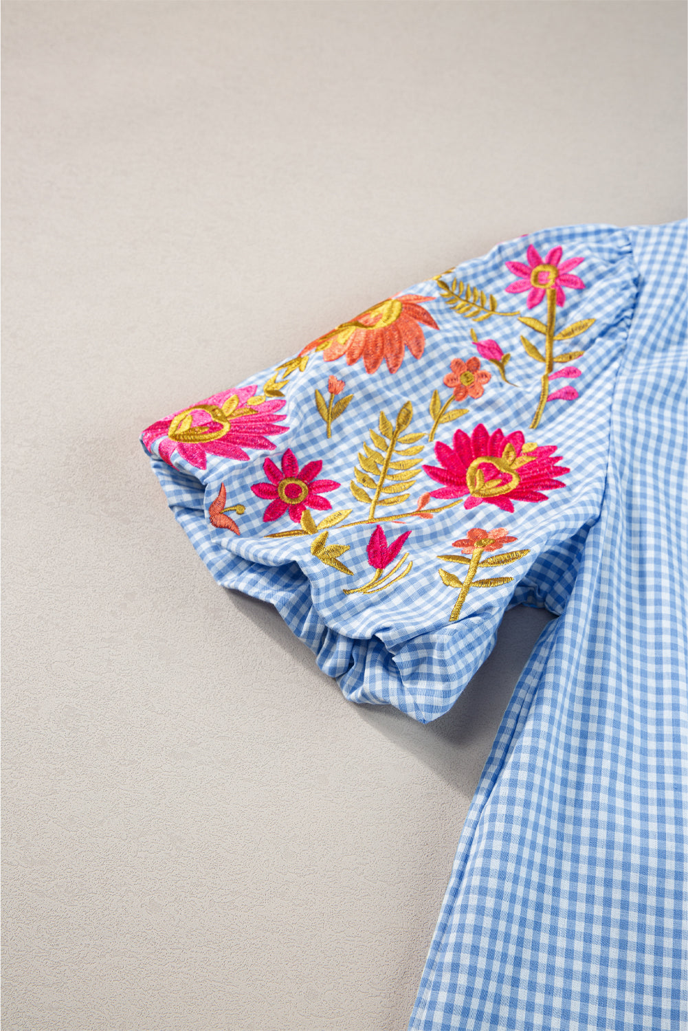 Innocence Delight Flower Embroidered Puff Sleeve Gingham Blouse