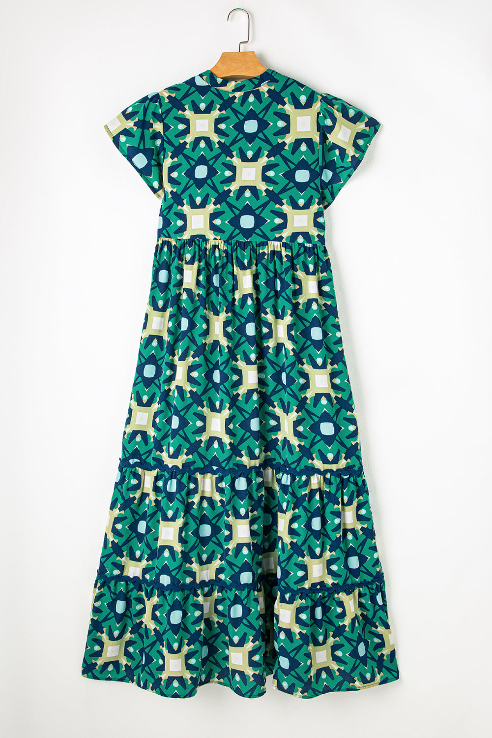 Sea Green Abstract Print Pleated Flounce Sleeve Maxi Dress