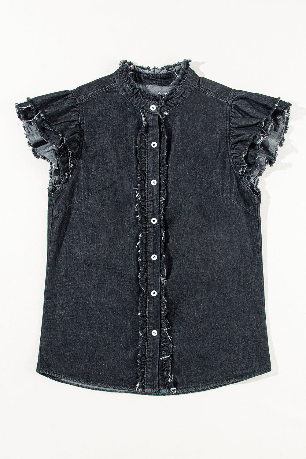 Totally Feeling Blue Ruffled Flutter Frayed Denim Top