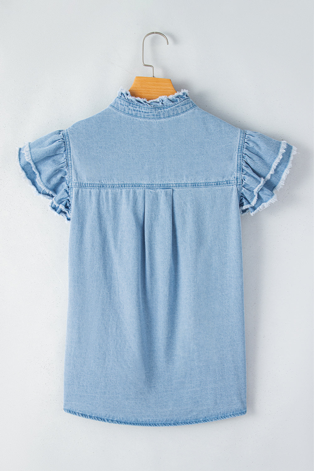 Totally Feeling Blue Ruffled Flutter Frayed Denim Top