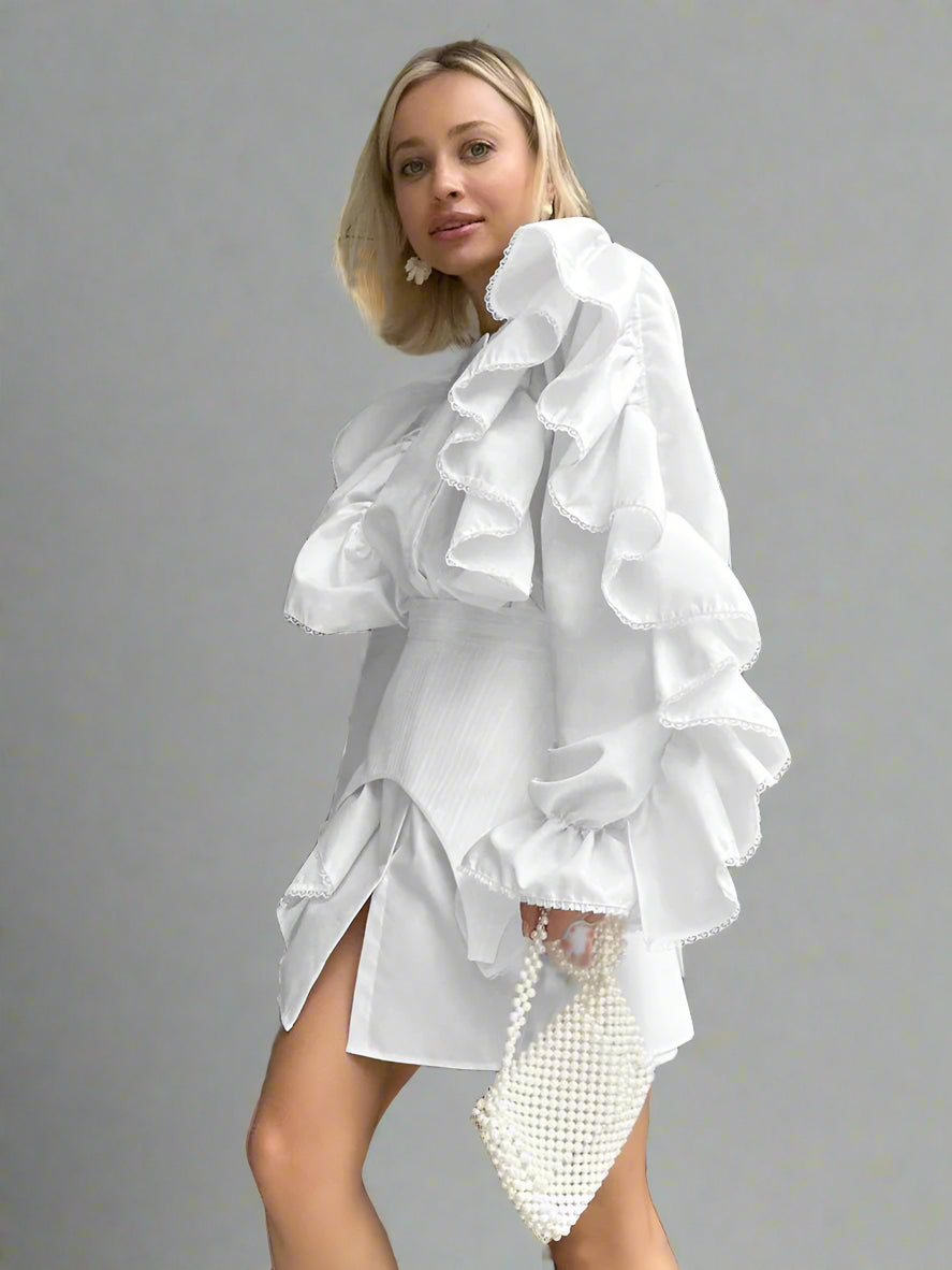 Ms. Belle Elegant Ruffle Long Sleeve Girdle Single Breasted Mini Dress Set