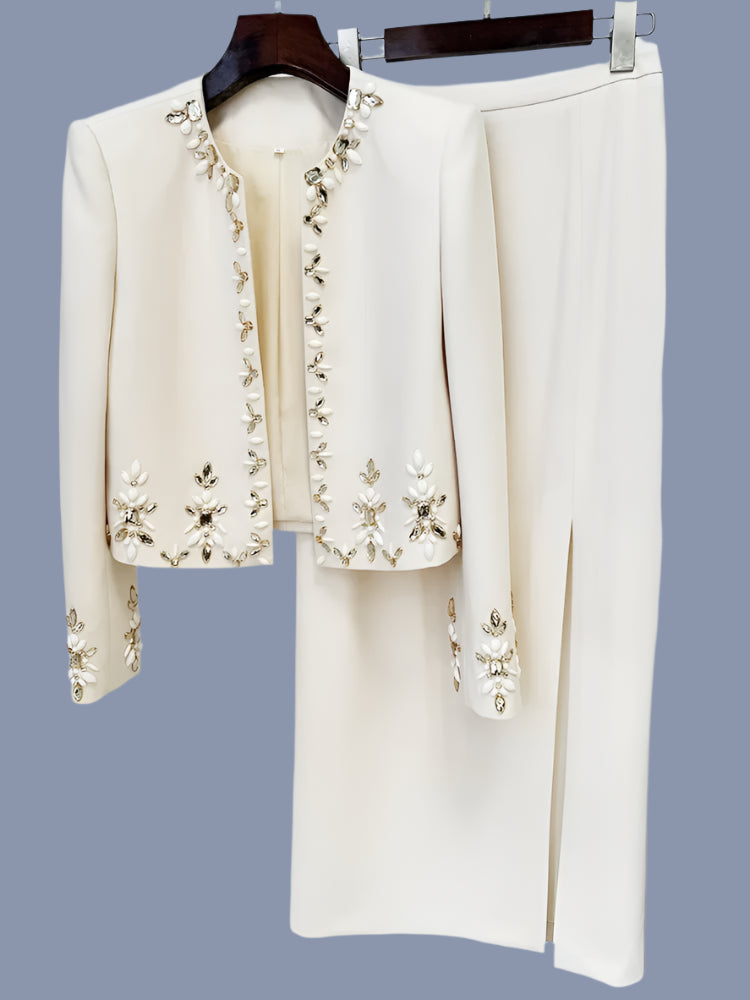 The Boss is In Rhinestone Diamonds Beaded Cardigan Jacket Split Half Skirt Set 2pcs