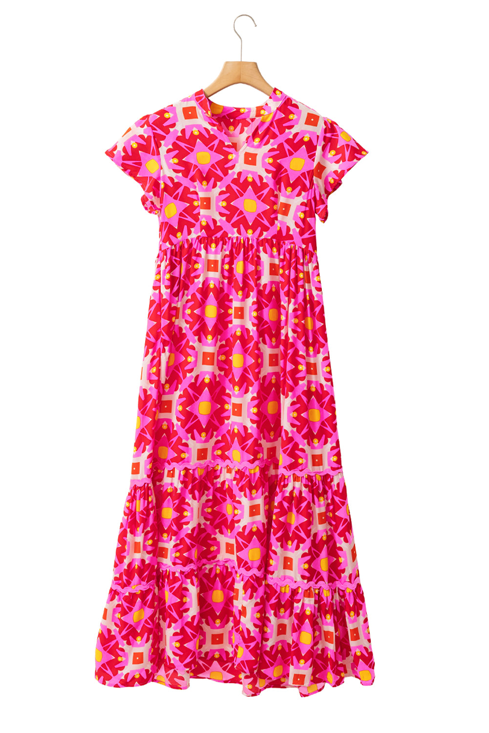 Sea Green Abstract Print Pleated Flounce Sleeve Maxi Dress