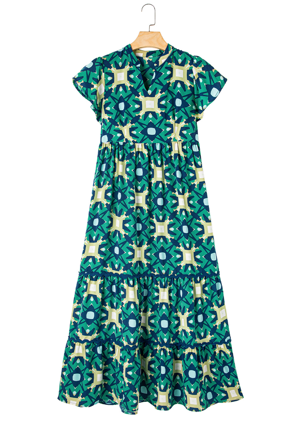 Sea Green Abstract Print Pleated Flounce Sleeve Maxi Dress