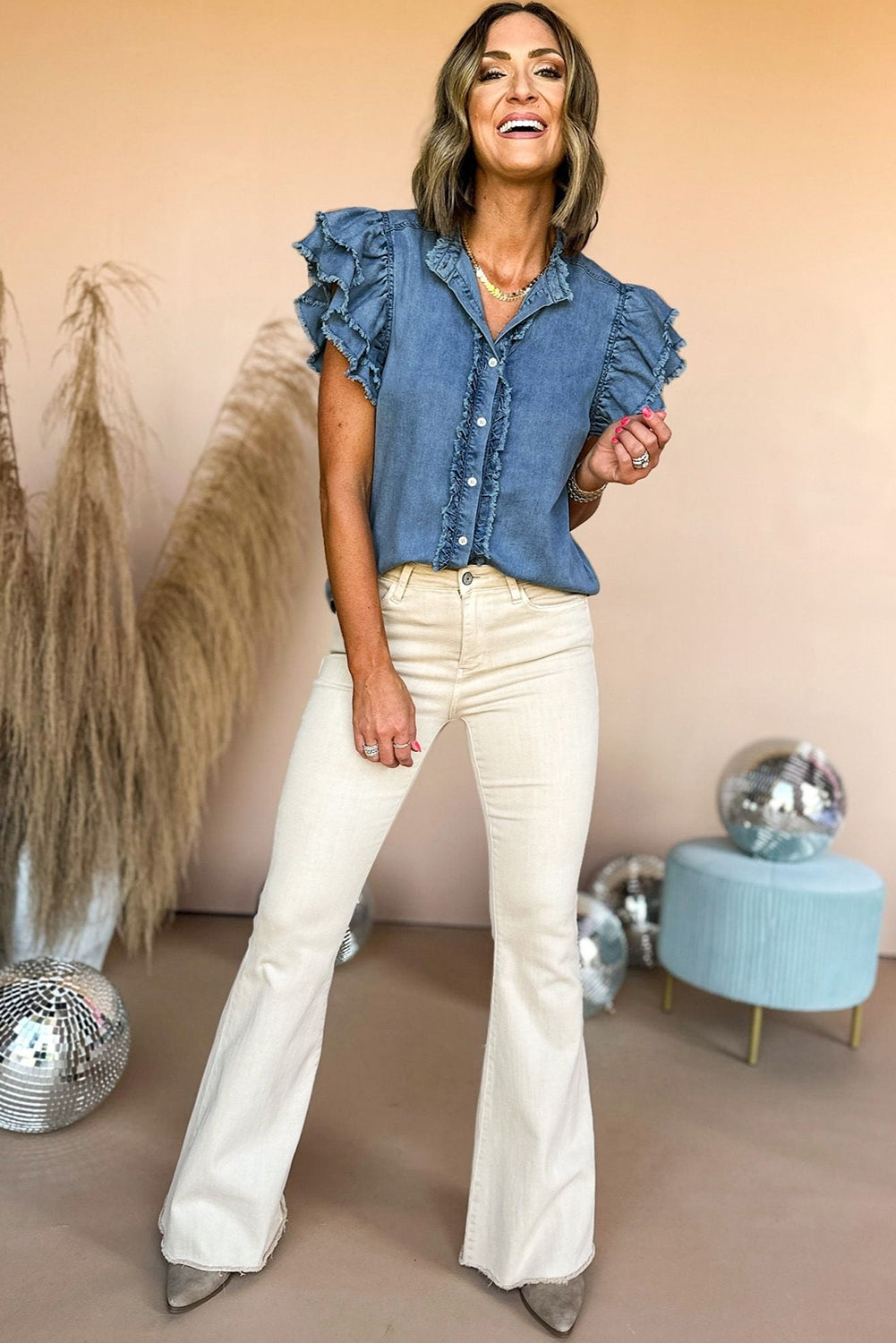 Totally Feeling Blue Ruffled Flutter Frayed Denim Top