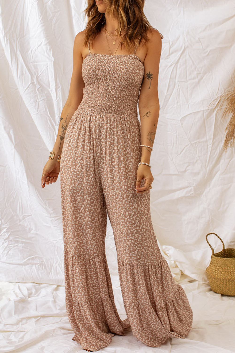 Floral Thin Straps Smocked Bodice Wide Leg Jumpsuit