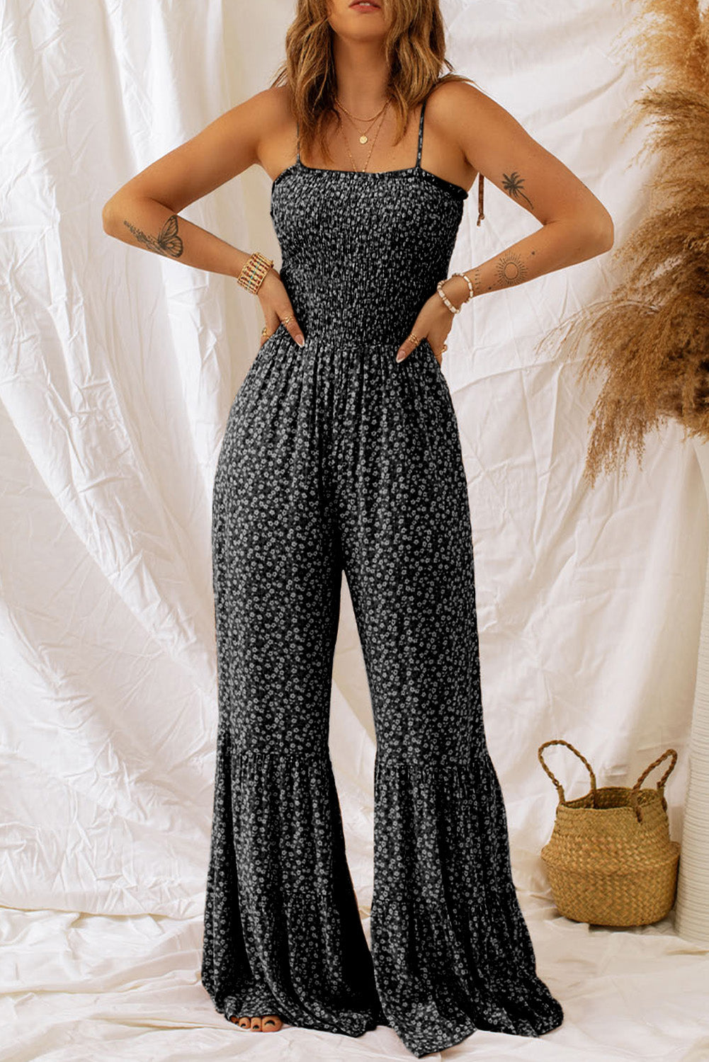 Floral Thin Straps Smocked Bodice Wide Leg Jumpsuit