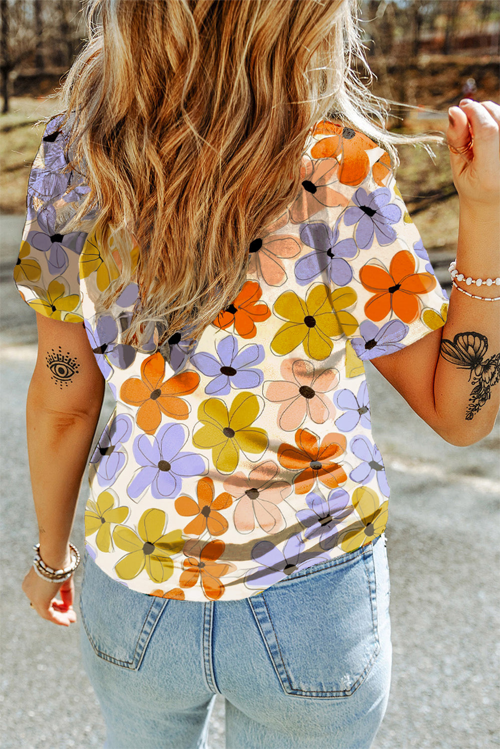 Black Summer Flower Print Round Neck T Shirt