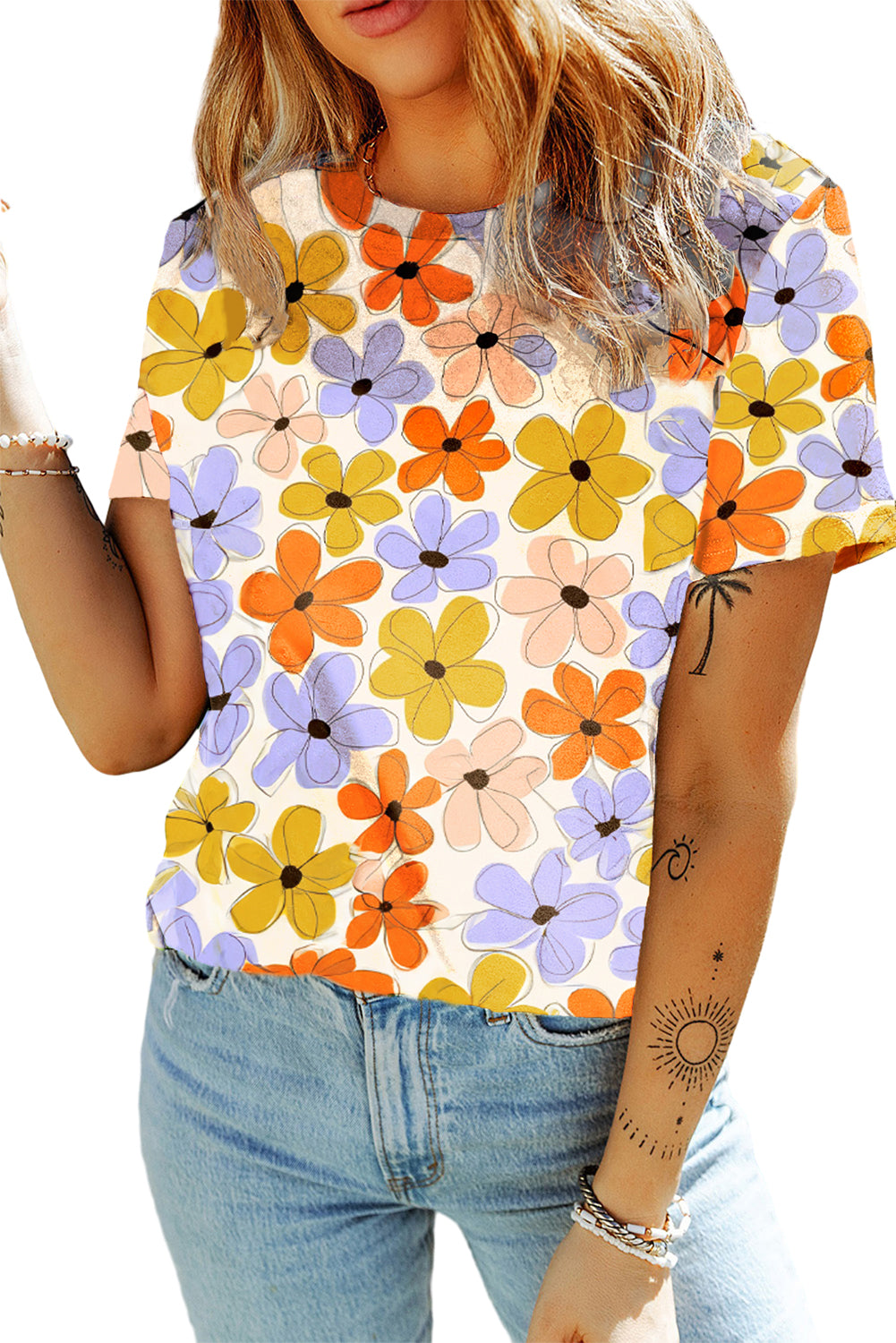 Black Summer Flower Print Round Neck T Shirt