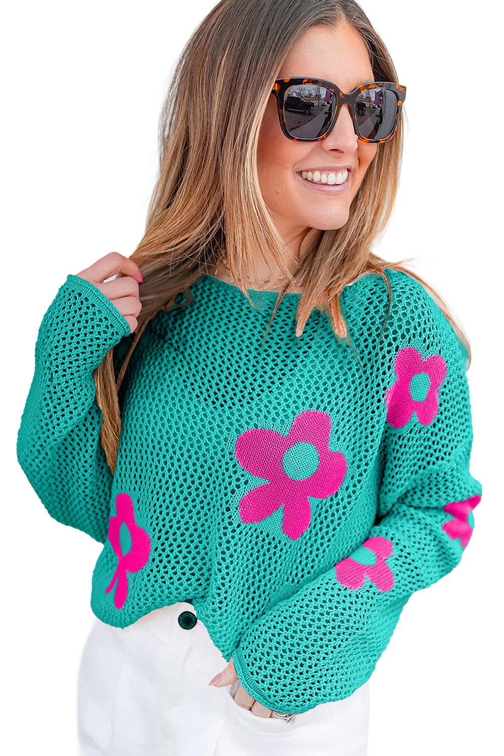 Light Pink Flower Drop Shoulder Hollow Knit Top